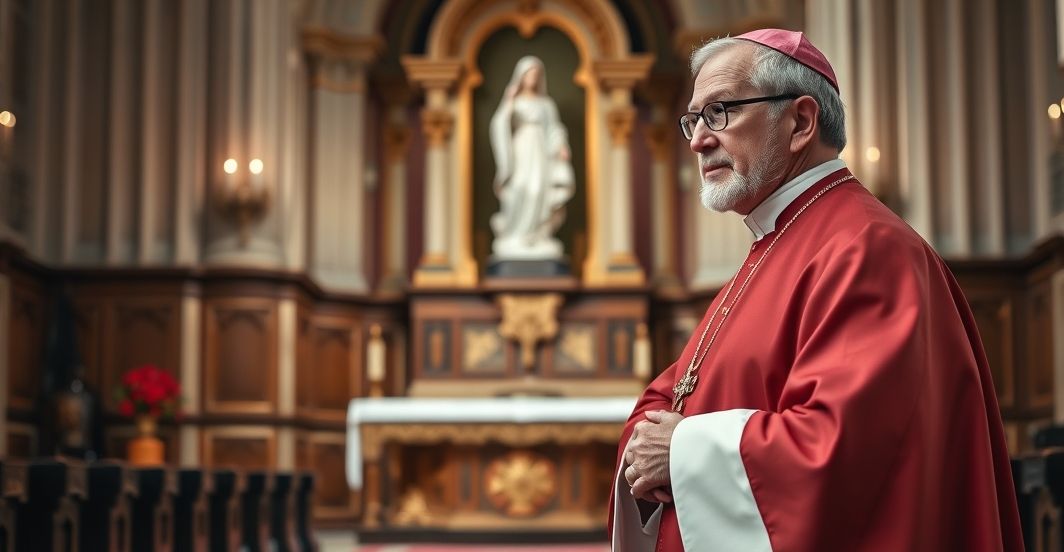 Kardynał w tradycyjnym stroju modli się w zabytkowym kościele, symbolizując katolicką wierność i sprzeciw wobec modernistycznych tendencji