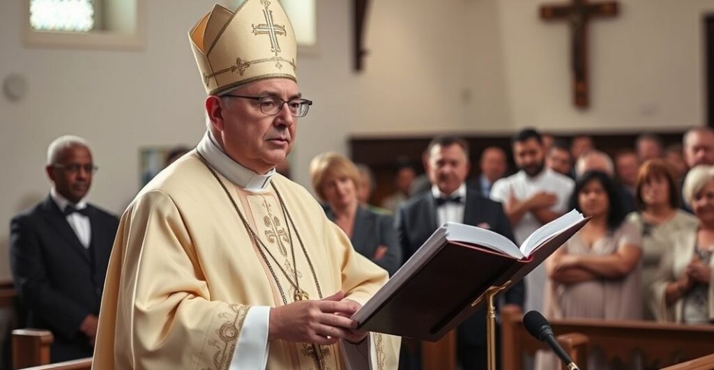 Kardynał w tradycyjnych szatach podczas poważnej kazania w katolickiej świątyni, w skupionej, modlitewnej atmosferze, odzwierciedlający powagę liturgii i duchowości