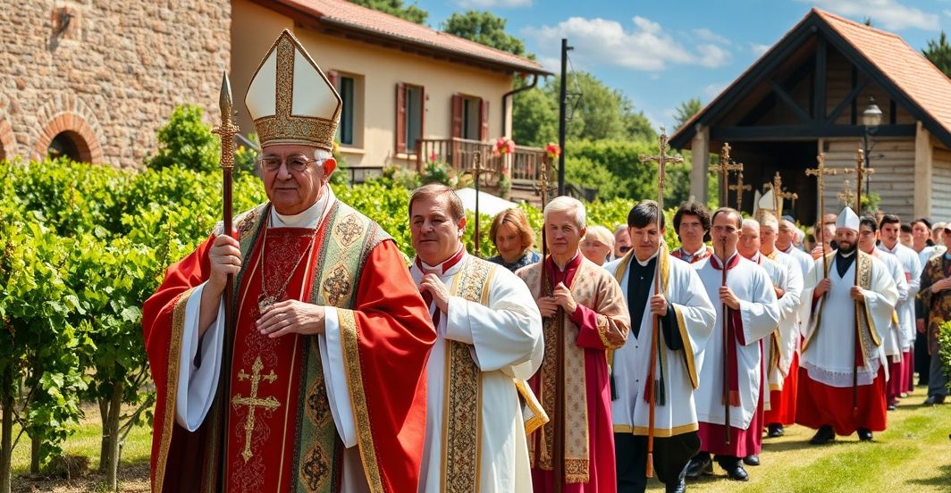 Kardynał w tradycyjnym stroju liturgicznym prowadzi procesję podczas festiwalu winobrania, ukazując skupienie i pobożność katolicką.