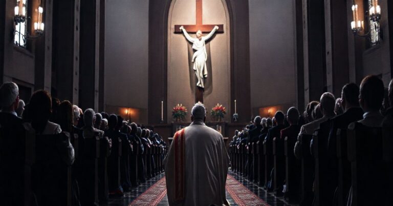 Ksiądz w liturgicznym stroju, modlący się przed krucyfiksem w kościele, wyraz powagi i troski o czystość doktryny katolickiej