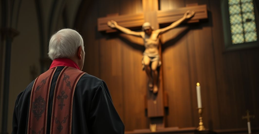 Stareczny ksiądz w tradycyjnych szatach przed krucyfiksem w kościele, głęboko refleksyjny, ukazujący katolicką pobożność i krytykę modernistycznych wypaczeń