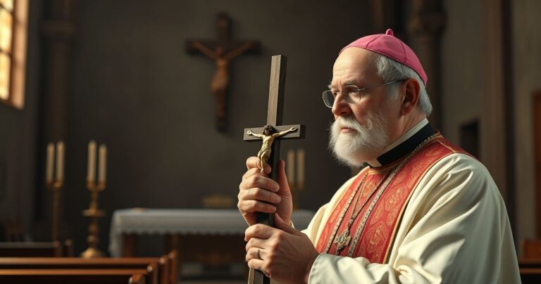 Obraz katolickiego duchownego w tradycyjnych szatach, trzymającego krucyfiks w świątyni, symbolizujący wierność naukom Kościoła i krytykę modernistycznych tendencji w kanonizacji