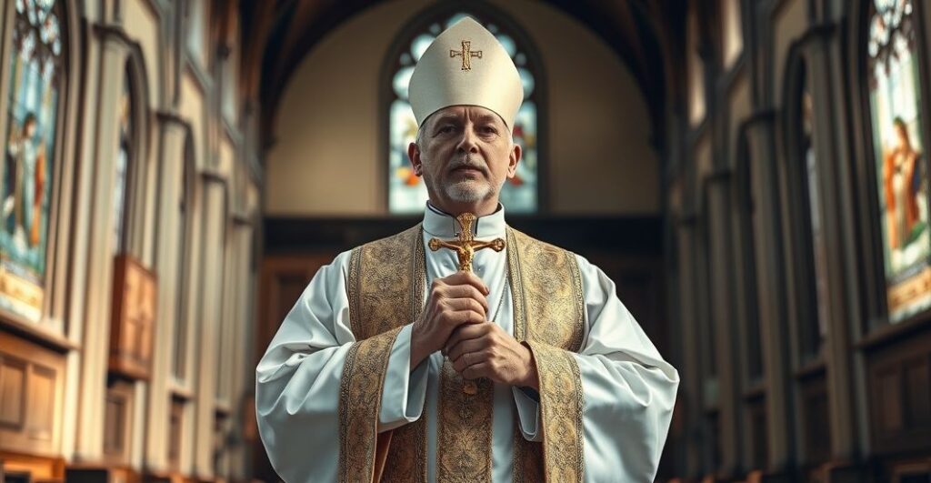 Kardynał w tradycyjnym stroju w kościele, poważnie trzymający krucyfiks, symbolizujący autentyczną katolicką wiarę i krytykę politycznego wykorzystywania religii