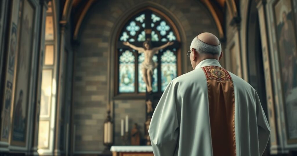 Dojrzały kapłan katolicki w tradycyjnym stroju, stojący w świątyni z krucyfiksem i witrażami, ukazujący głęboką wiarę i duchową siłę w sakralnym otoczeniu.
