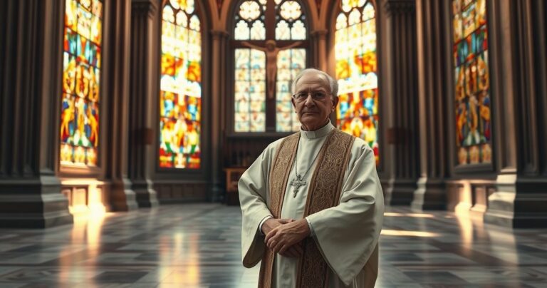Dojrzały kapłan katolicki w tradycyjnym stroju, stojący w świątyni z krucyfiksem i witrażami, ukazujący głęboką wiarę i duchową siłę w sakralnym otoczeniu.