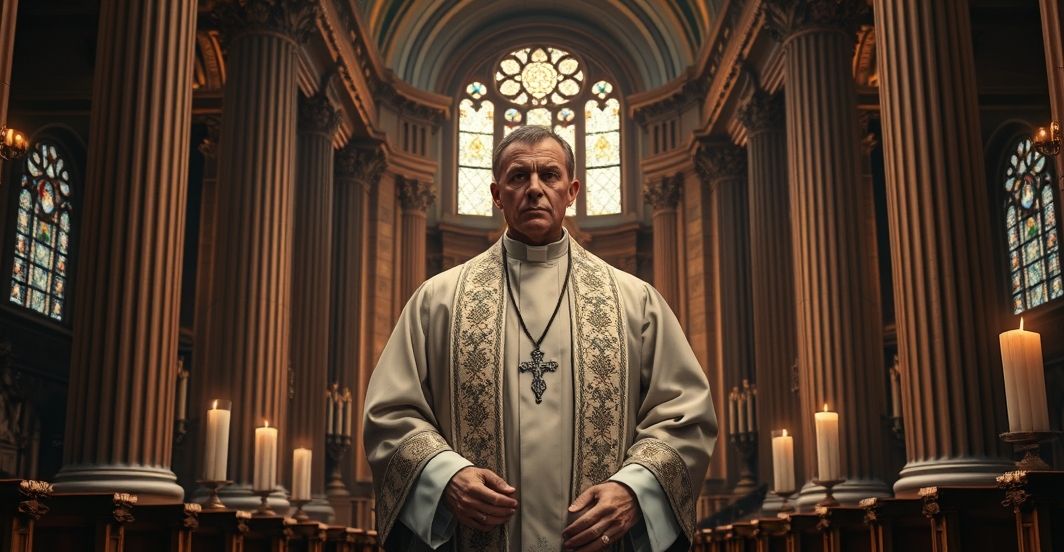Kardynał w sutannie stojący przed ołtarzem w katedrze, wyraz powagi i refleksji, symbolizujący konieczność zachowania tradycyjnej wierze i krytyki współczesnych nadużyć