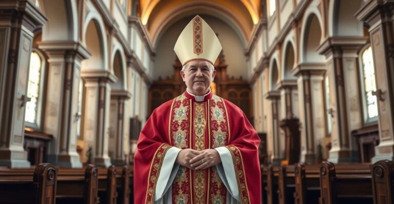 Obraz ukazujący katolickiego biskupa w tradycyjnych szatach w starej, klasycznej świątyni, symbolizujący krytykę nowoczesnych nominacji biskupich z perspektywy sedevacantystów