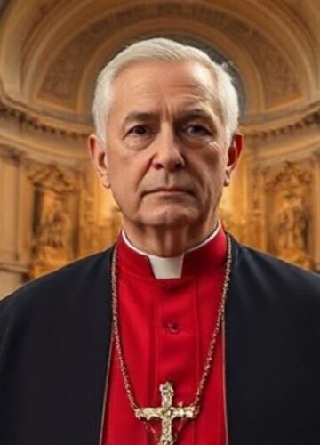 Tradycyjny kapłan katolicki w krytycznym świetle modernistycznego kościoła Kapłan katolicki w tradycyjnym stroju w świątyni, poważny, symbolizujący krytykę modernistycznego kościoła, w klasycznym wnętrzu z architekturą katolicką