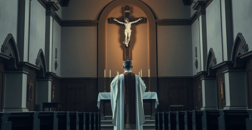 Reverent Catholic priest w Eucharystii w tradycyjnej świątyni, symboliczny obraz oddania Chrystusowi Królowi, realistyczne i pełne szacunku zdjęcie