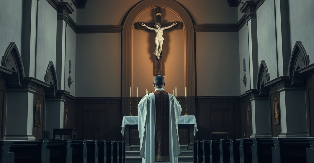 Catholic priest in church reflecting true Christ's kingship - stock photo Reverent Catholic priest w Eucharystii w tradycyjnej świątyni, symboliczny obraz oddania Chrystusowi Królowi, realistyczne i pełne szacunku zdjęcie