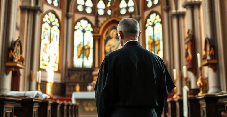 Fotografia realistyczna duchownego katolickiego w czarnej sutannie w tradycyjnej świątyni z ołtarzem i witrażami, wyrażającego głęboką refleksję i pobożność