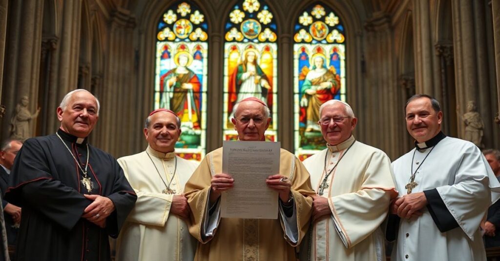 Tradycyjne katolicy w ornatach w katedrze krytykują politykę nowoczesnego przywództwa