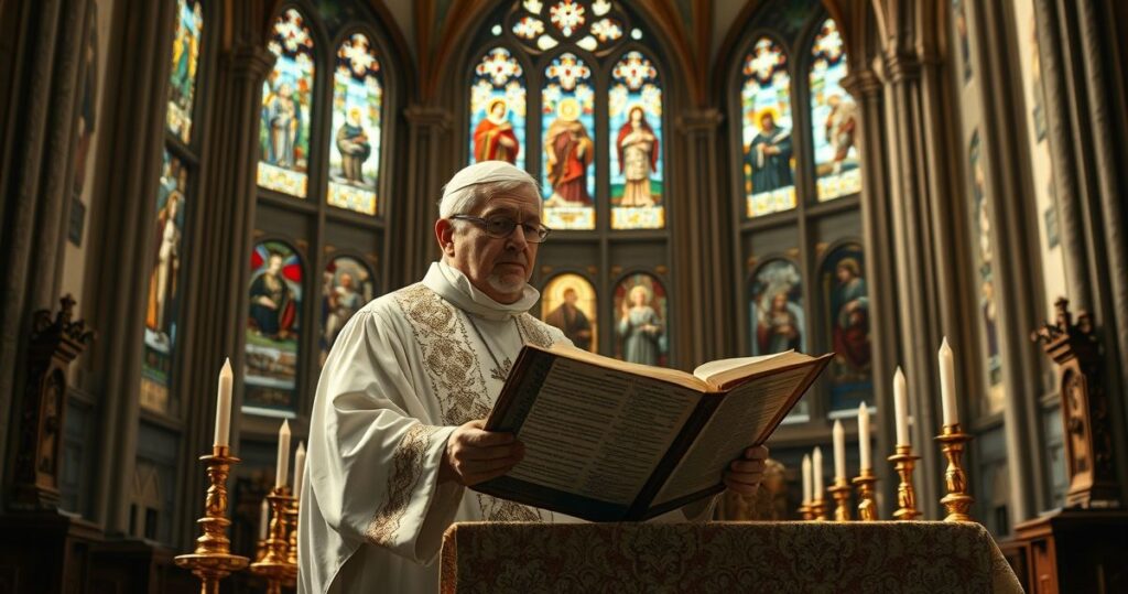 Ksiądz w tradycyjnym stroju liturgicznym czyta Pismo Święte w kościele, symbolizując troskę o czystość doktrynalną i odpowiedzialność duchowieństwa