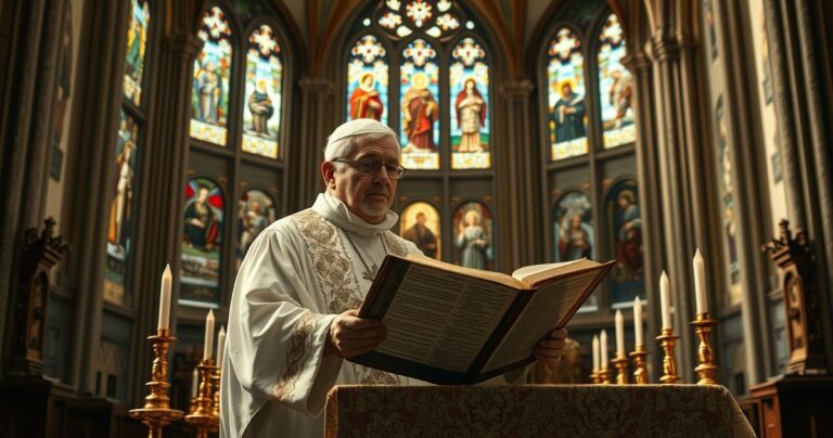 Ksiądz w tradycyjnym stroju liturgicznym czyta Pismo Święte w kościele, symbolizując troskę o czystość doktrynalną i odpowiedzialność duchowieństwa