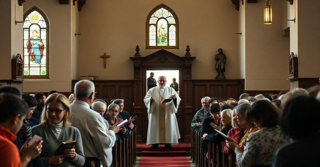 Powściągliwy wnętrze kościoła katolickiego z księdzem stojącym przy ambonie i niepokojnymi parafianami na Mszy świętej