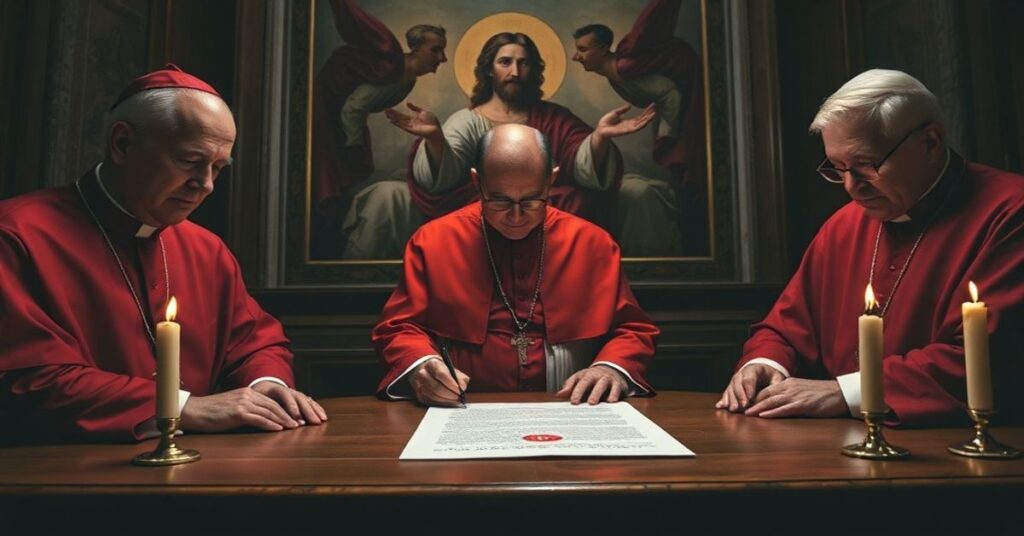 Trzej amerykańscy kardynałowie podpisują kontrowersyjny dokument w zamglonym wnętrzu Watykanu.