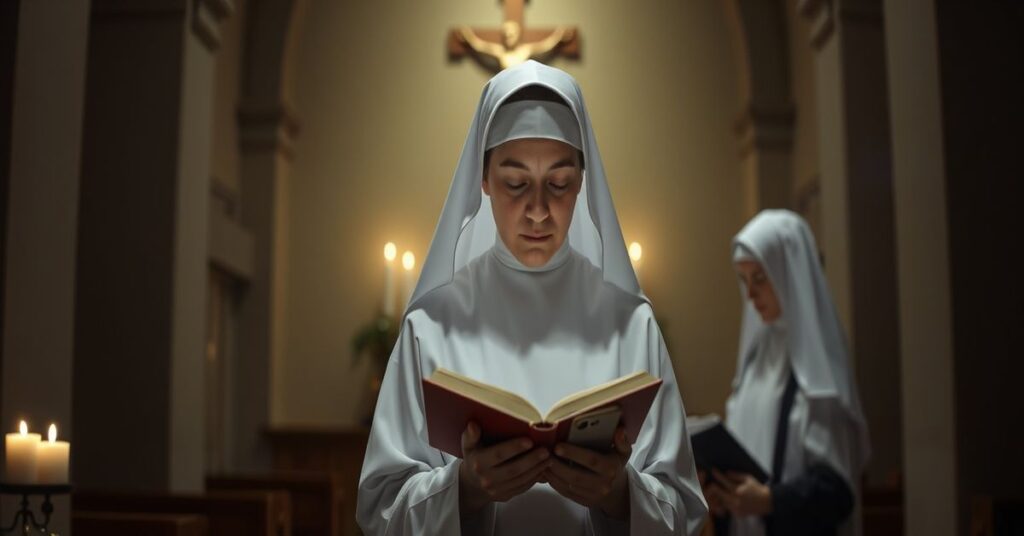 Tradycyjna karmelitanka w habitach modli się w ciemnym klauzurowym kościele z krzyżem i świecami; kontrastuje z nowoczesnymi elementami takimi jak książka i smartphone.