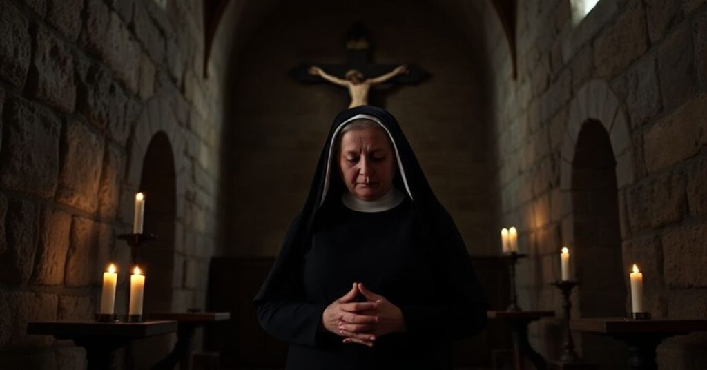 Tradycyjna karmelitanka w całkowitym habitach w ciemnym kaplicy z drewnianym krzyżem i zapalone świece modlitewnymi, twarz zakryta welonem w cieniu.