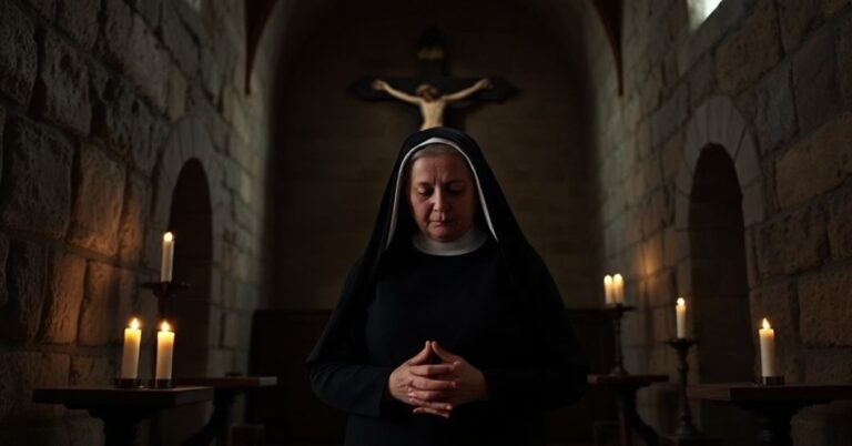 Tradycyjna karmelitanka w całkowitym habitach w ciemnym kaplicy z drewnianym krzyżem i zapalone świece modlitewnymi, twarz zakryta welonem w cieniu.