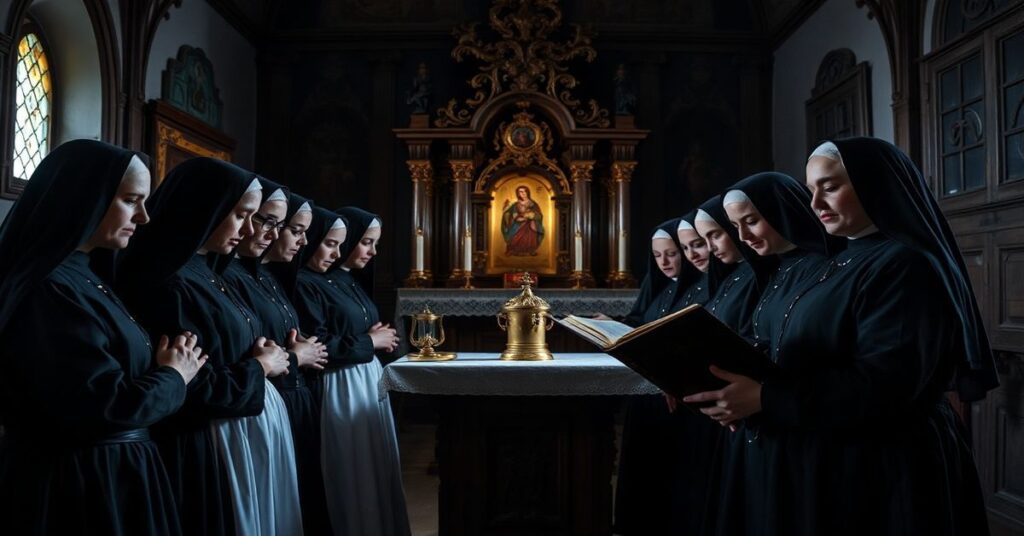 Karmelitanki Bose w tradycyjnym stroju modlące się przy ołtarzu w 18-wiecznym kościele