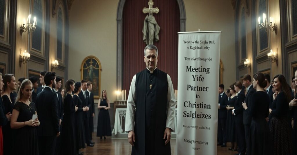 Mroczna wnętrza Auli Papieskiego Wydziału Teologicznego we Wrocławiu podczas "Karmelitańskiego Bala dla Singli", ukazująca pustkę duchową i sekularyzację małżeństwa.