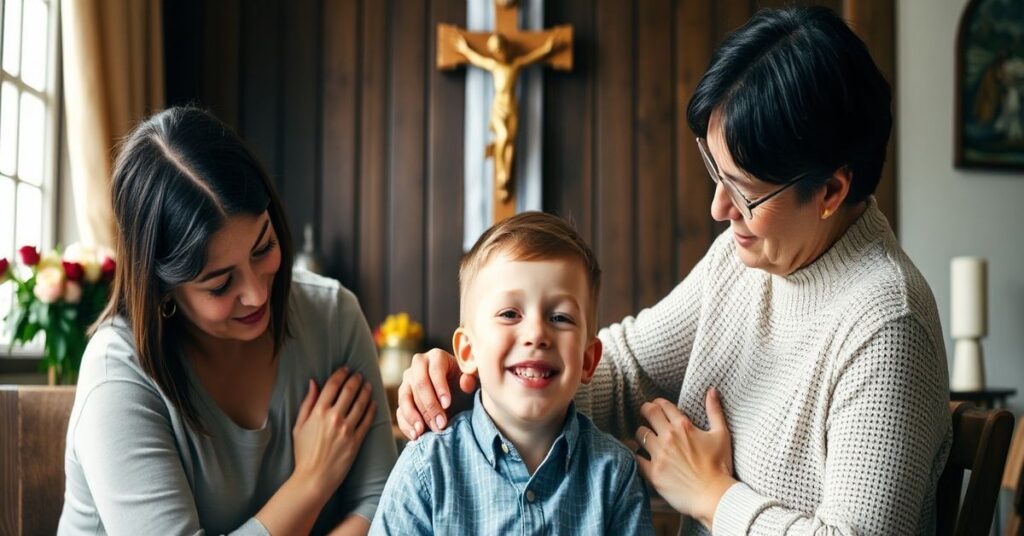 Portret 20-letniego Karola z zespołem Downa w tradycyjnym katolickim otoczeniu, otoczony miłością rodziny i symbolami wiary.