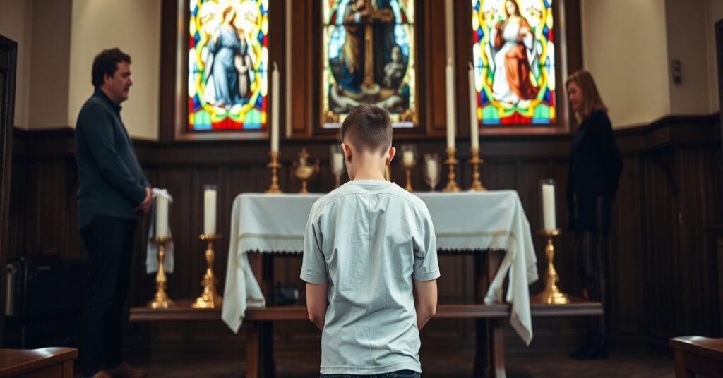 Portret Karola Dregera modlącego się w tradycyjnym kościole katolickim