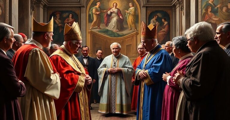 Obraz przedstawiający historyczną wizytę króla Karola III w Watykanie podczas ekumenicznej modlitwy z heretykami w Kaplicy Sykstyńskiej.