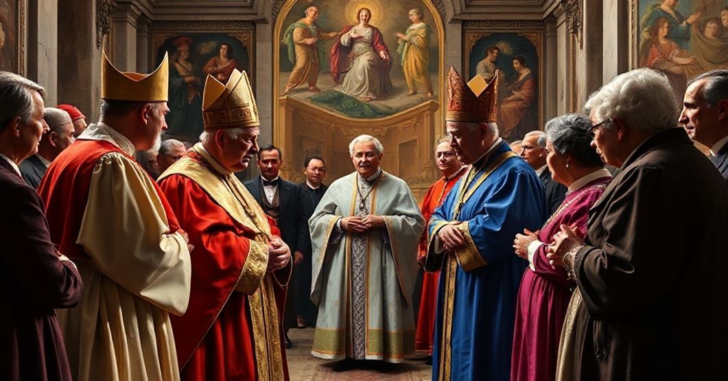 Obraz przedstawiający historyczną wizytę króla Karola III w Watykanie podczas ekumenicznej modlitwy z heretykami w Kaplicy Sykstyńskiej.
