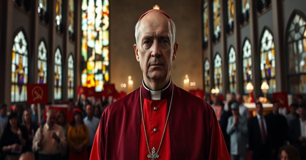 Portret fałszywego kardynała Konrada Krajewskiego w nowoczesnych szatach biskupich w zrujnowanym neomodernistycznym kościele.