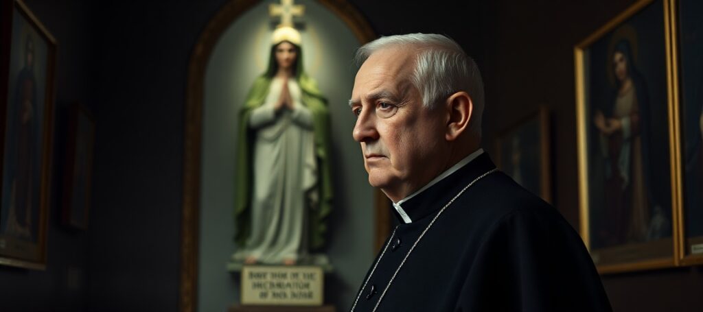 Portret Karola Wojtyły przed figurą Matki Bożej Fatimskiej w ciemnym kościele. Scena podkreśla brak Chrystusa jako źródła zbawienia.