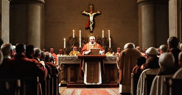 Karol Wojtyła wygłasza homilię w Asyżu w 1982 roku z ołtarzem i krzyżem na tle