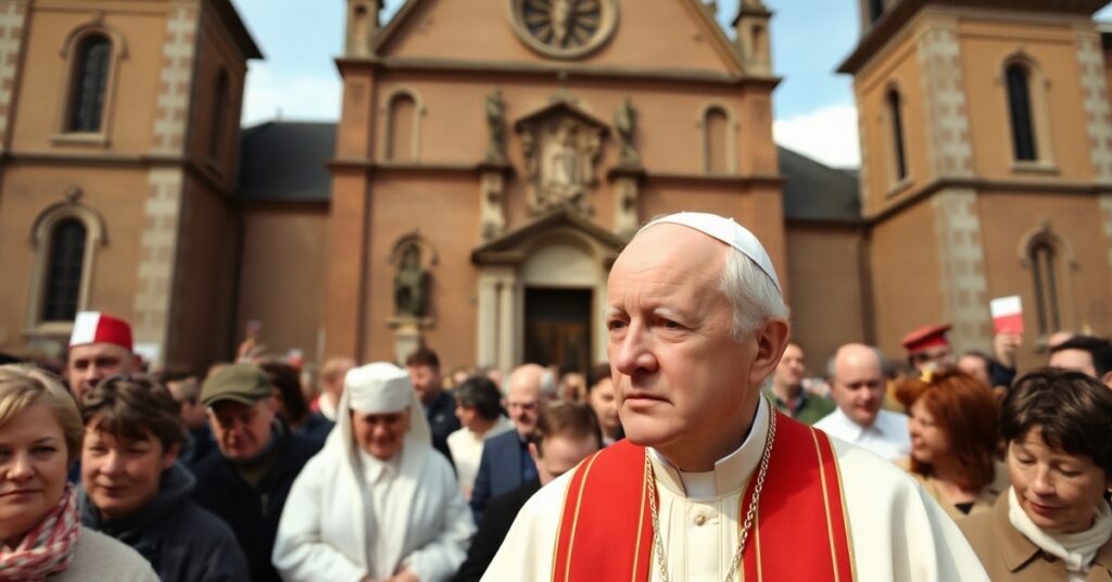 Obraz przedstawia Karola Wojtyłę podczas jego IV pielgrzymki do Polski w 1991 roku, stojącego przed historycznym kościołem polskim. Atmosfera jest poważna i napięta, odzwierciedlając jego status jako persona non grata wśród elity liberalnej.
