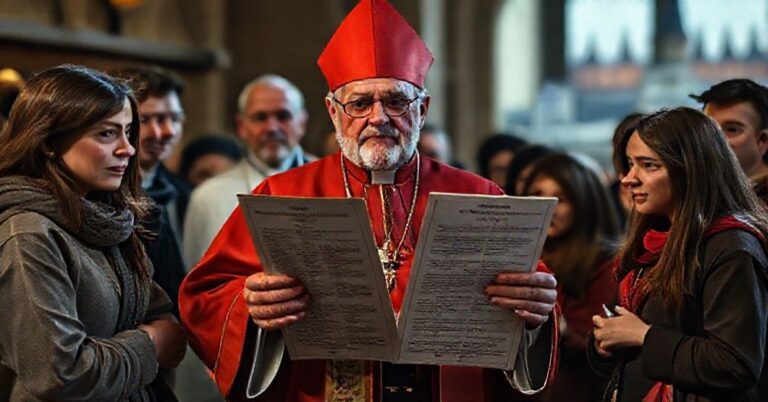 Portret "kardynała" Hollericha i młodzieży podczas podpisywania Karty Ekumenicznej w kontekście dechrystianizacji Europy.