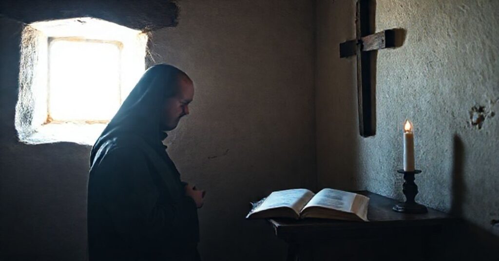 Kartuzjański mnich w modlitwie w samotnej celi wspominając św. Brunona