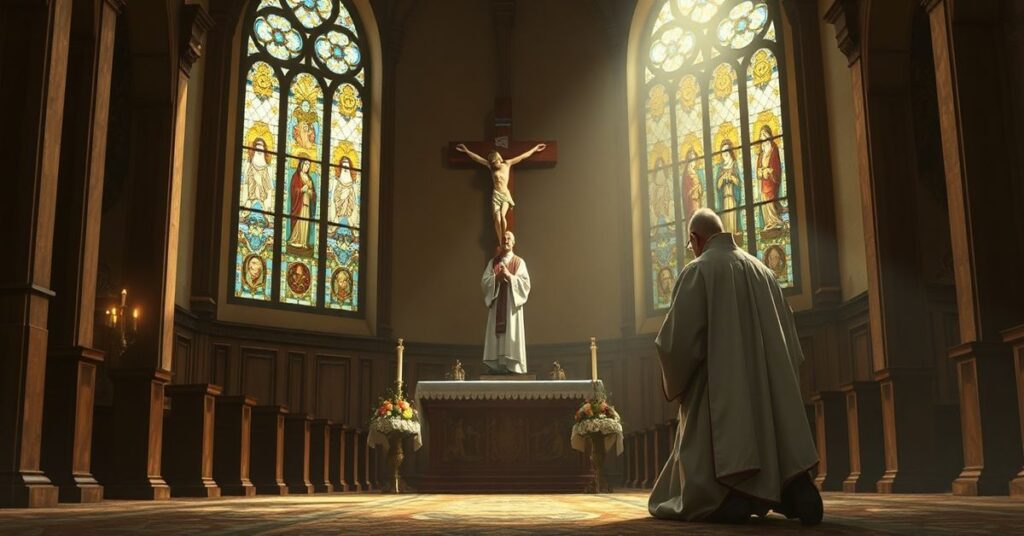 Tradycyjny ksiądz modlący się przed krzyżem z tłem karykatury modernistycznej.