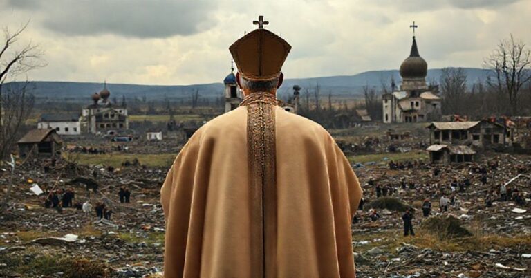 Kataklicyzm: biskup w modlitwie przed zniszczoną Ukrainą - symbolizuje brak Chrystusa w polityce Trumpa wobec Putina