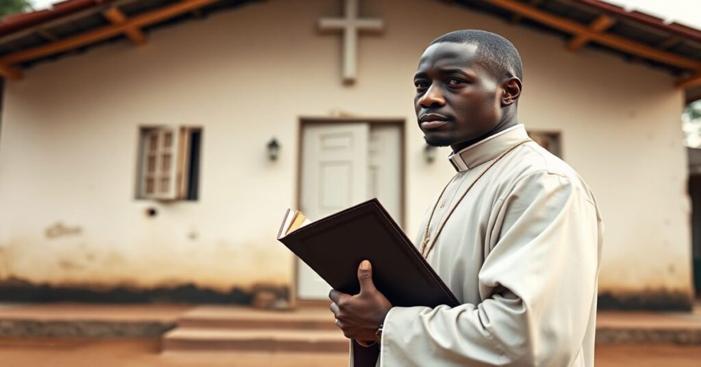 Ksiądz w tradycyjnym ornacie stojący przed kościołem afrykańskim symbolizujący walkę między prawdziwą wiarą katolicką a modernistycznymi błędami