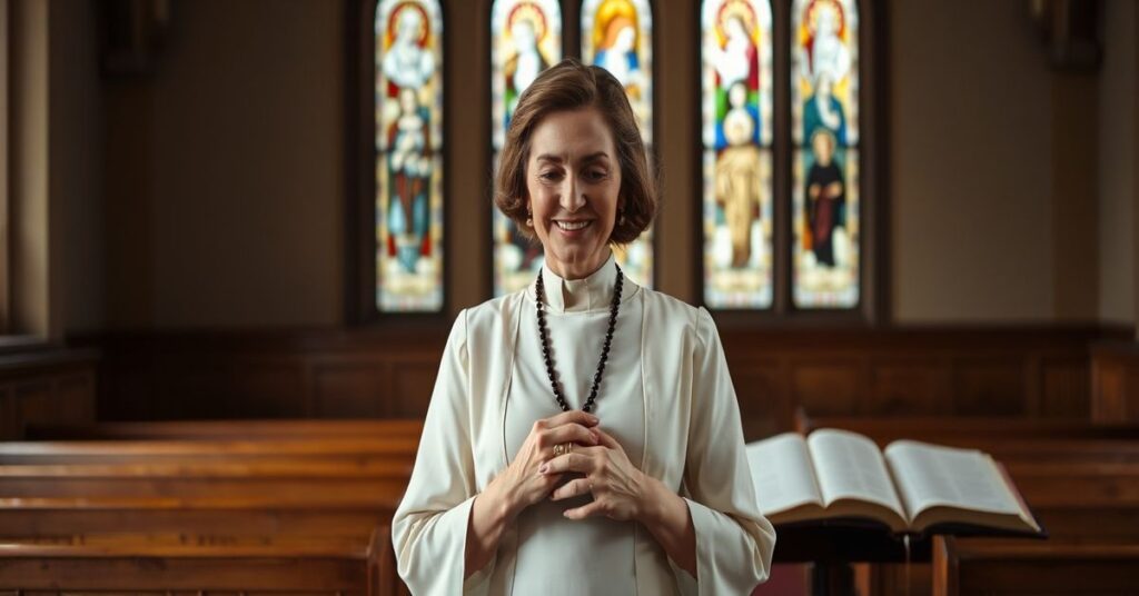 Portret aktorki Katarzyny O'Hary w tradycyjnym stroju katolickim modląc się w kościele