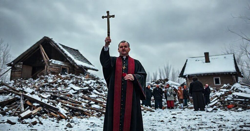 Ksiądz w tradycyjnych ornatach stoi wśród zrujnowanego domu po burzy śnieżnej w Dębowie, ofiarowując duchowe pocieszenie przerażonym mieszkańcom.