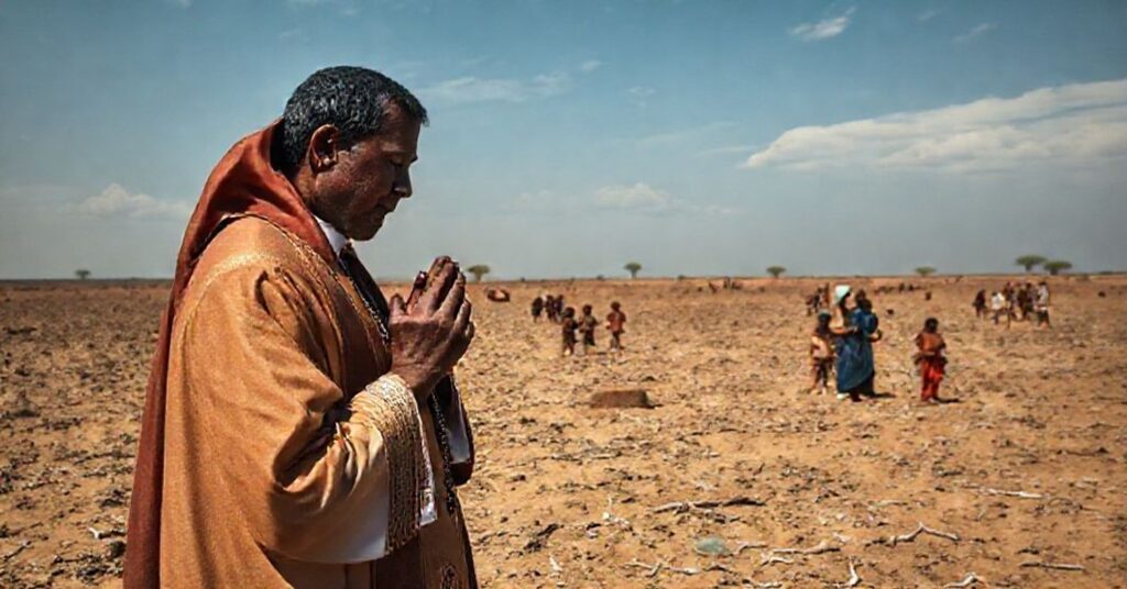 Ksiądz w tradycyjnych szatach modli się na pogorzelisku w Somalii z głodującymi dziećmi w tle.