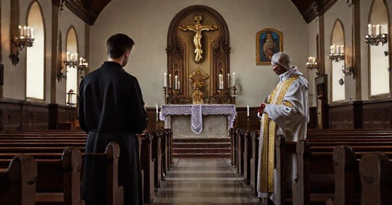 Tradycyjna katolicka kaplica na Białorusi z młodym seminarianinem w tradycyjnym sutannie i starszym księdzem w nowoczesnym ornaty. Scena symbolizuje kryzys duchowy opisany w artykule.
