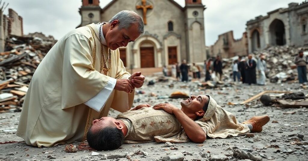 Kataklizm na Filipinach: tradycyjny katolicki ksiądz udzielający namaszczenia chorym w obliczu zniszczeń wywołanych trzęsieniem ziemi.