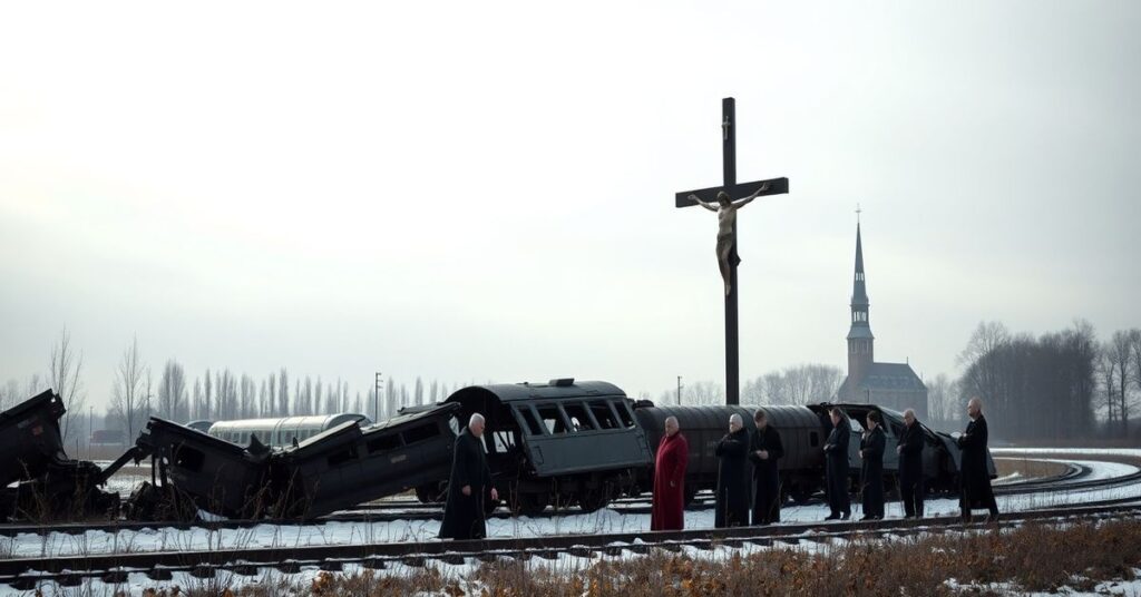Powódź pociągu towarowego w Jaroszowej Woli z krzyżem na tle i modlącymi się katolikami.