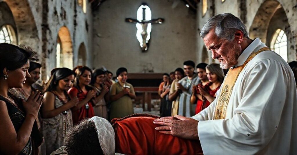 Tradycyjny kapłan w sutannie i surplisie udziela swiętych namaszczeń umierającemu po huraganie Melissie na Karaibach, otoczony modlącymi wiernymi przed zniszczonym kościołem.