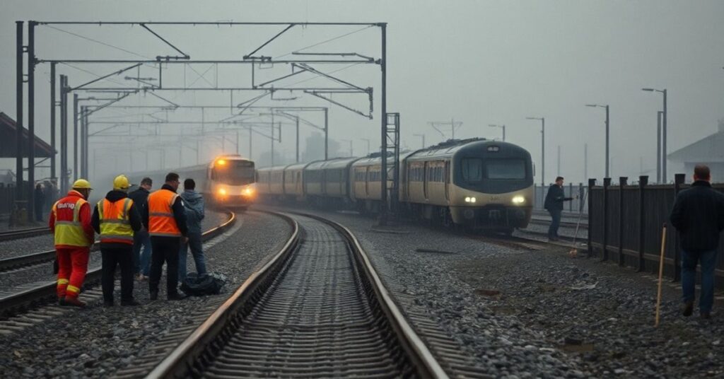 Katastrofa kolejowa w Hiszpanii: poważna scena po kolizji pociągów dużej prędkości w Kordobie z widocznymi ofiarami i ratownikami. Scena symbolizuje duchową pustkę społeczeństwa odrzucającego Chrystusa Króla.