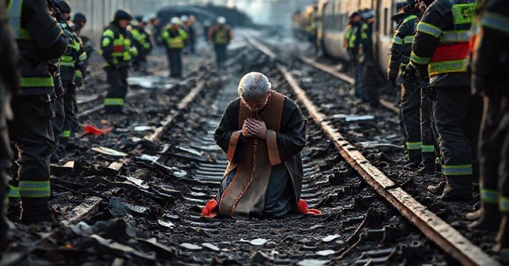 Zdjęcie przedstawiające poważną katastrofę kolejową w Katowicach z tradycyjnym katolickim kapłanem modlącego się nad ruinami, podkreślającą moralne i społeczne aspekty tragedii.