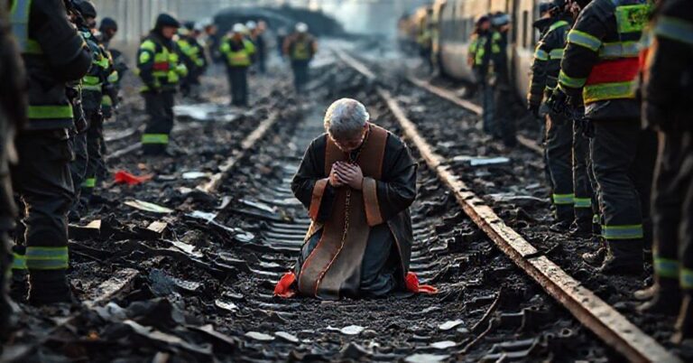 Zdjęcie przedstawiające poważną katastrofę kolejową w Katowicach z tradycyjnym katolickim kapłanem modlącego się nad ruinami, podkreślającą moralne i społeczne aspekty tragedii.