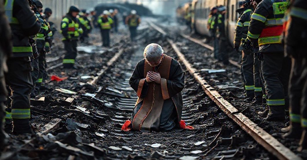 Zdjęcie przedstawiające poważną katastrofę kolejową w Katowicach z tradycyjnym katolickim kapłanem modlącego się nad ruinami, podkreślającą moralne i społeczne aspekty tragedii.