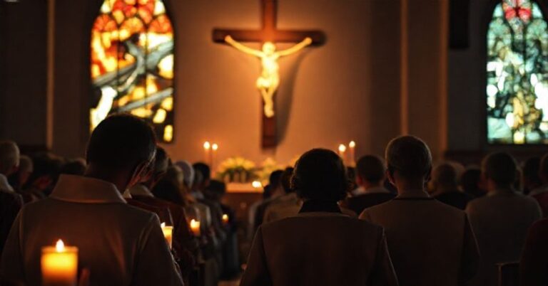Grupa wierzących modli się w tradycyjnym kościele katolickim po katastrofie lotniczej w Kentucky.